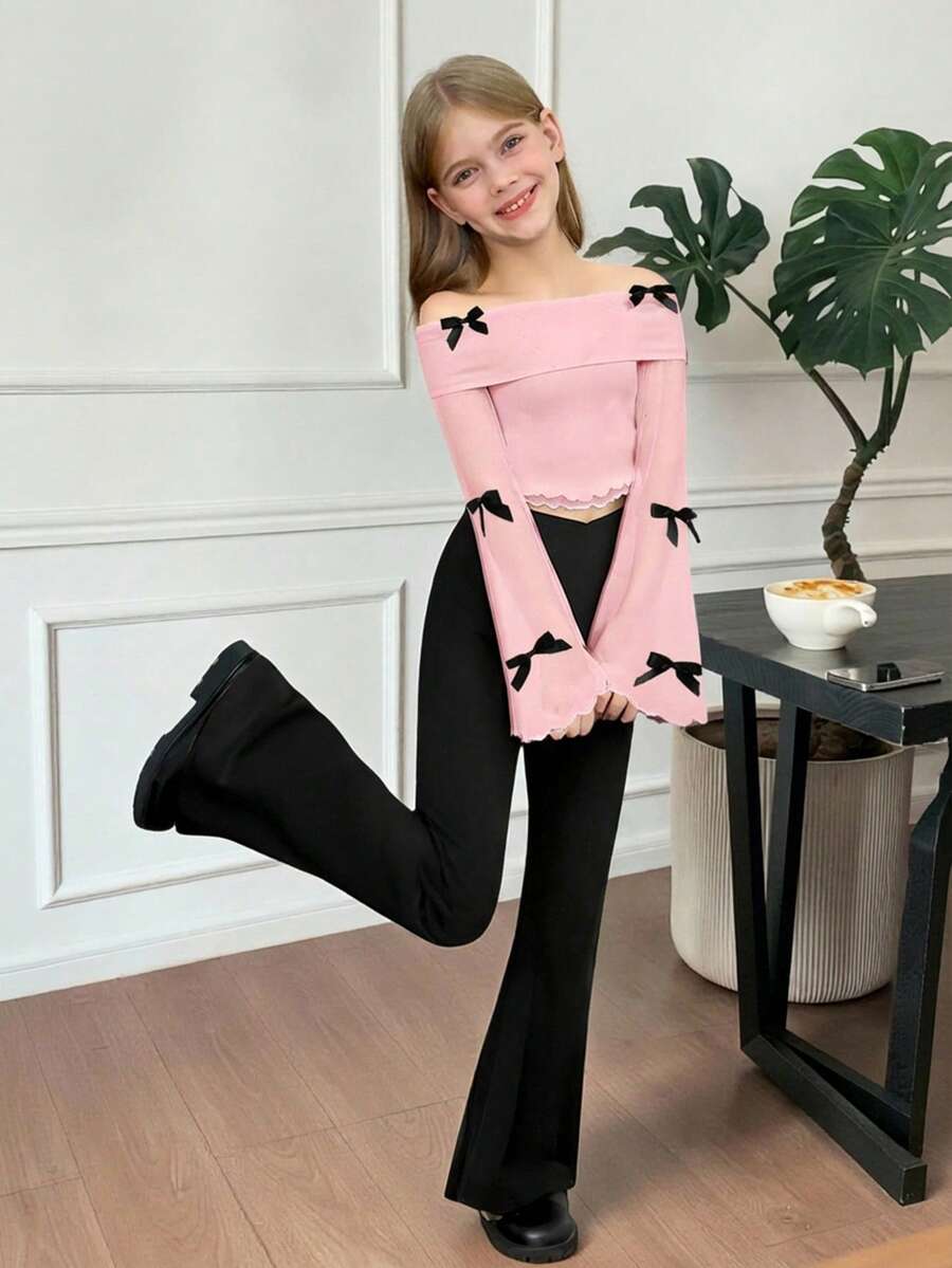 SHEIN Bộ đồ thường ngày cho bé gái tuổi teen: Áo trễ vai thắt nơ và quần ống loe màu trơn. - Màu Hồng baby - Xem 1