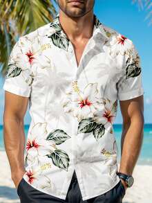 Manfinity RSRT Men's Floral Print Casual Polo Collar Single-Breasted Short Sleeve Shirt, Suitable For Daily Outings And Travel - White - View 3