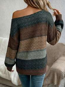 EMERY ROSE Suéter holgado de punto a rayas con hombros descubiertos para mujer de talla grande, adecuado para otoño/invierno y Año Nuevo - Multicolor - Ver 2