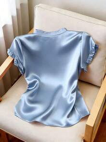 Franclia 女士优雅缎面蓝色衬衫，适合通勤和夏季穿着 - 藍色 - 查看 2