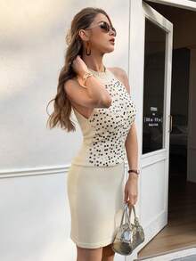 Elyressa 女士亮片拼接露背紧身毛衣连衣裙，时尚派对装 - 杏色 - 查看 3