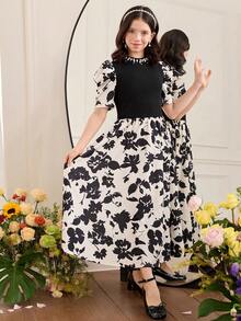 Vestido de punto con estampado de patchwork elegante y de moda para adolescentes - Blanco y Negro - Ver 5