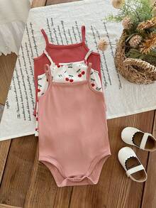 SHEIN 3pcs Baby Girl Summer Cute Knitted Cherry Cartoon Print Short Sleeve Romper Set - Multicolor - View 5