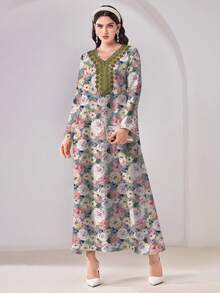 Al Najma Women's V-Neck Floral Print Casual Modest Party & Outing Arabic Style Dress - Multicolor - View 2