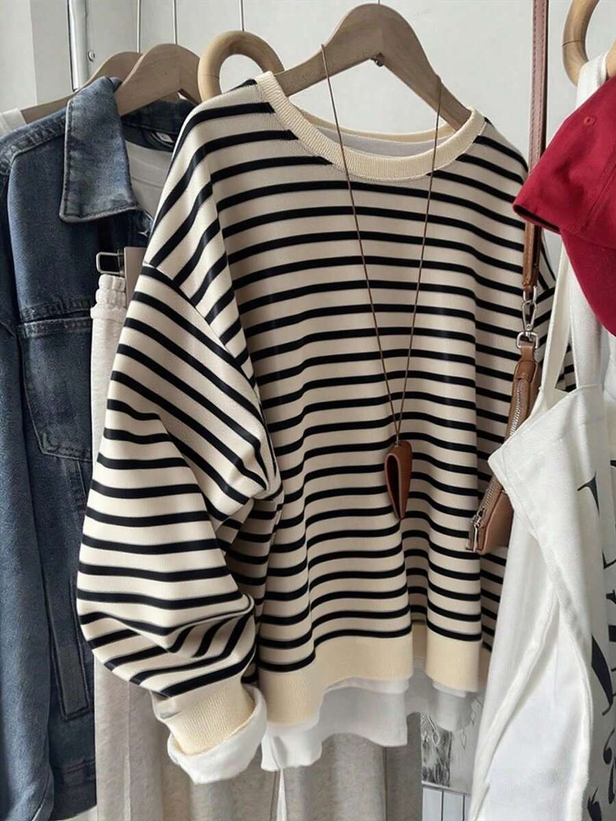 Franclia 韩版时尚百搭彩色条纹图案卫衣，适合外套、摄影、露营、秋季、冬季、返校，女士常规圆领 - 彩色 - 查看 1