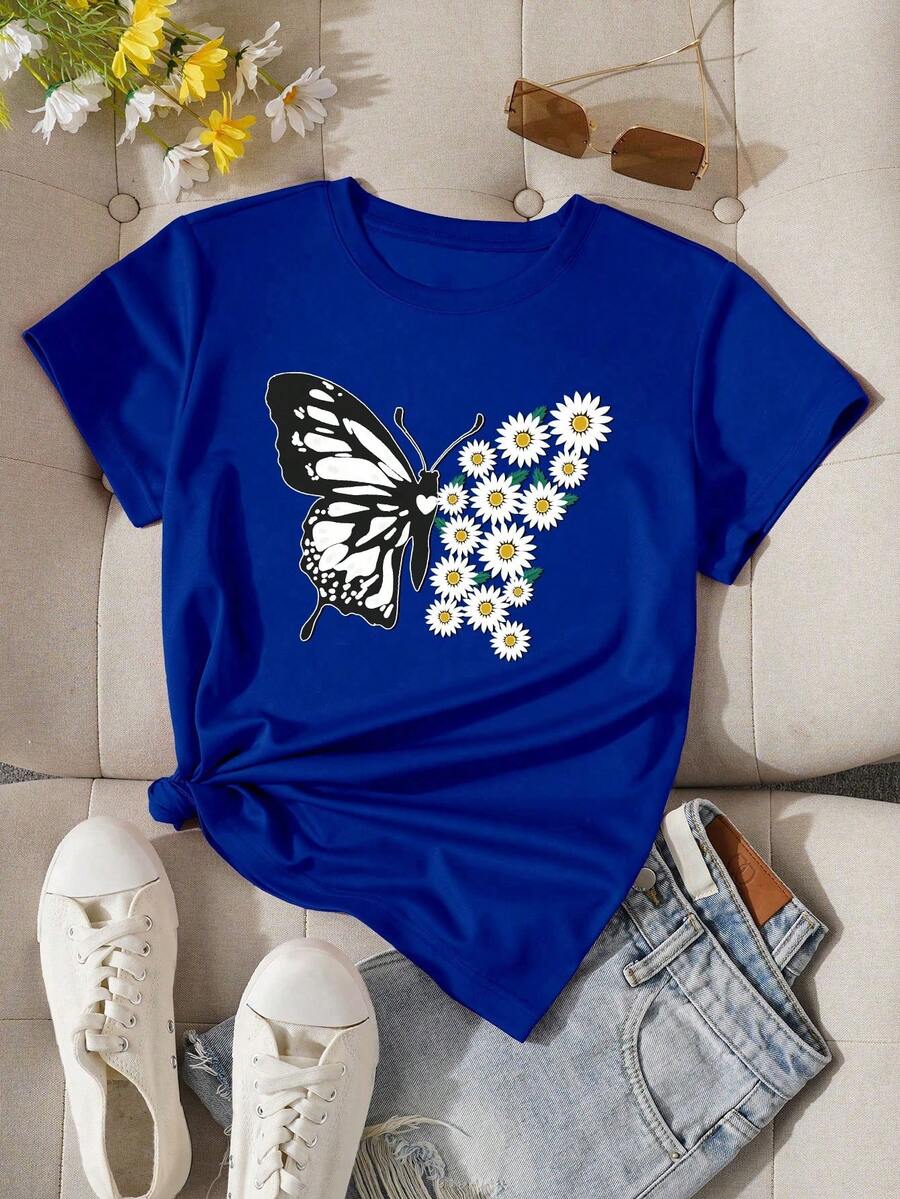 INAWLY Ladies' Butterfly & Daisy Printed Round Neck Short Sleeve T-Shirt Graphic Tees Women Tops - Royal Blue - View 1