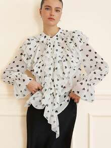Aveloria Revavyn Vintage White Base Black Heart Multi-Layer Ruffle Trim Long Sleeve Shirt,Elegant French Style White And Black Autumn Dinner Date Commute Blouse - Black and White - View 6