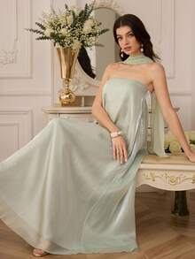 Modelyn Gentle And Elegant Light Brown Sheer Draped Backless Shawl Midi Dress For Women's Travel. - Green - View 1