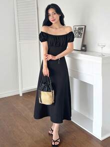 DAZY Women's Off-Shoulder Bodycon Textured Mid-Length Dress - Black - View 7