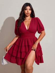 Viva Relle 大码女士优雅纯色V领泡泡袖荷叶边下摆休闲连衣裙，适合度假、海滩、约会、派对、音乐节、春夏穿着，百搭设计 - 酒紅色 - 查看 7