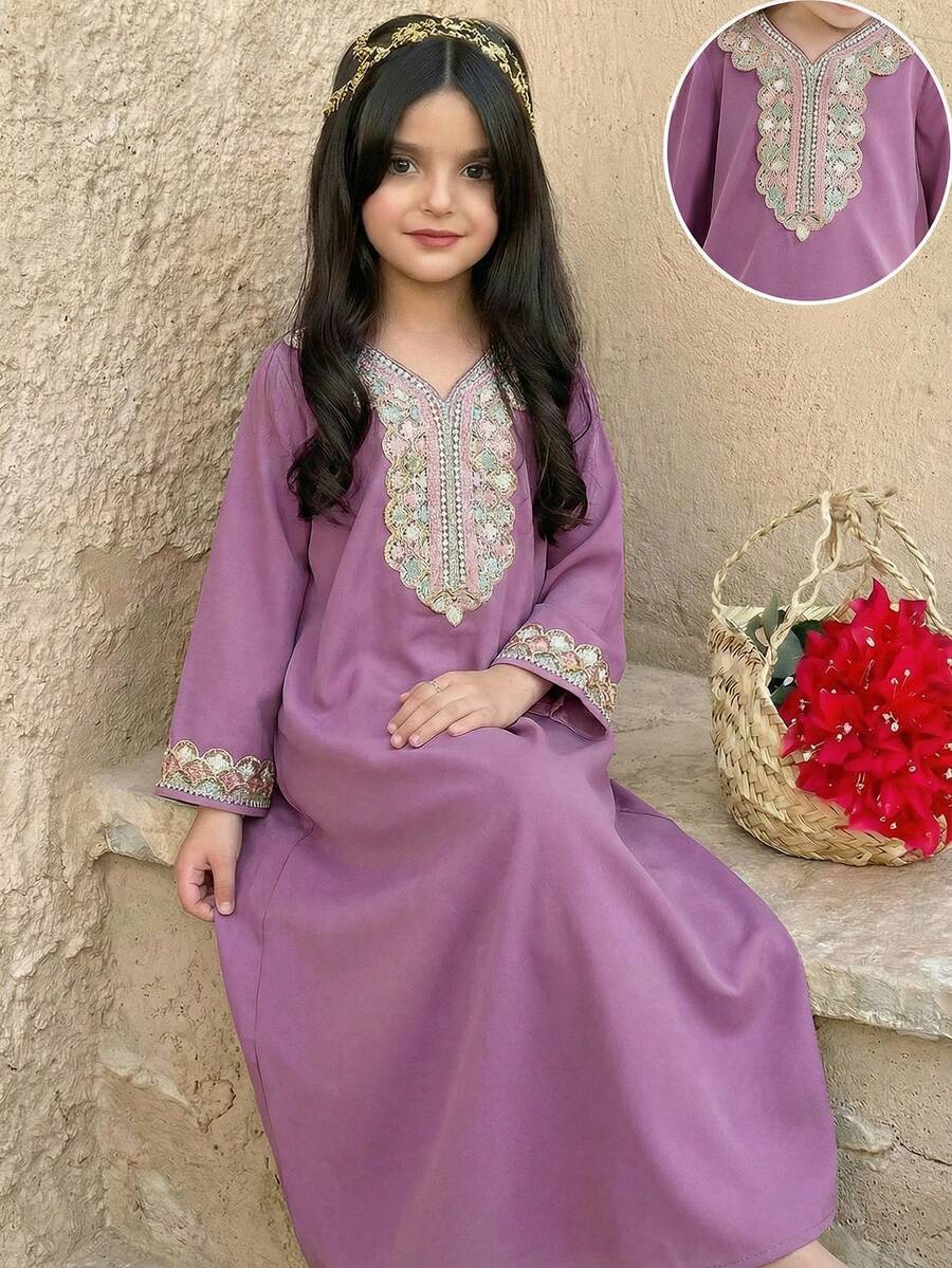 SHEIN 女童纯色宽松休闲连衣裙 - 紫色 - 查看 1