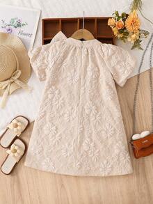SHEIN Đầm dệt màu trơn cổ tròn trang trí nơ cho bé gái - Hồng - Xem 2