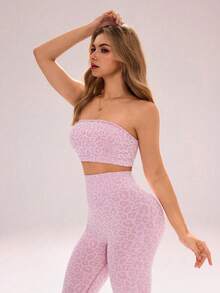 Sovereign Charm Women's Seamless Leopard Print Sports Set, Dopamine Sexy Bandeau Top And Leggings 2 Pieces Outfit - Multicolor - View 7