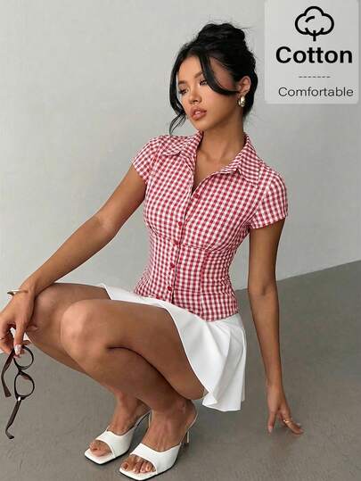 Aloruh 女士优雅通勤休闲纯白色短袖褶裥腰身衬衫，春夏百搭