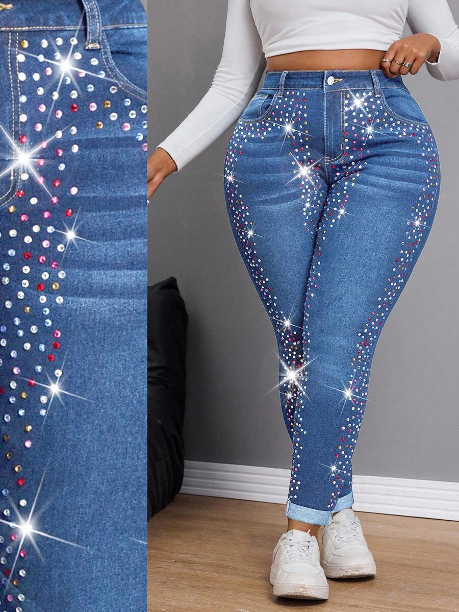 Slaydiva Plus Size Women's Fashionable Casual Colored Rhinestone Decorated Skinny Jeans - Medium Wash - View 1