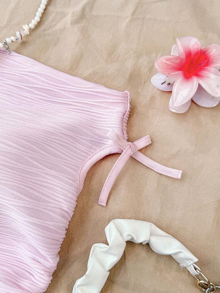 Camiseta corta de hombros descubiertos con textura y volantes elegante y casual para niña preadolescente de vacaciones - Beis - Añade 3