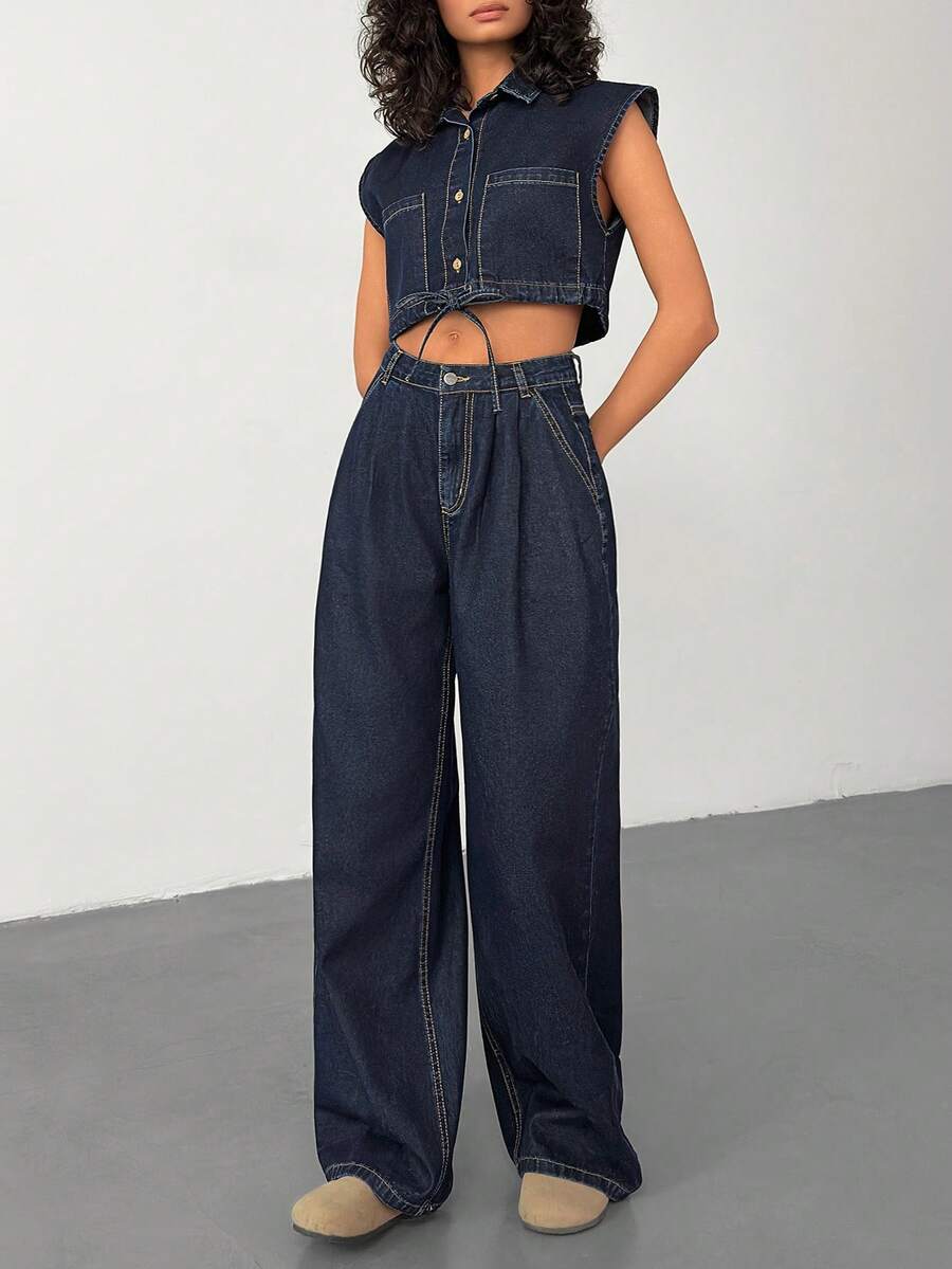 EURMUSE Woman Denim Smart Casual Set Crop Top Shirt And Pleated High Rise Wide Leg Jean Dark Blue Wash Button Front - Dark Wash - View 1