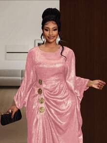 Maweii Đầm xếp ly thanh lịch cổ tròn tay dài dành cho nữ cỡ lớn, trang trí kim loại. - Màu Hồng baby - Xem 5