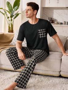 SHEIN 2pcs/Set Men's Plaid Pocket Round Neck Short Sleeve Pajama Set, Loungewear - Multicolor - View 6