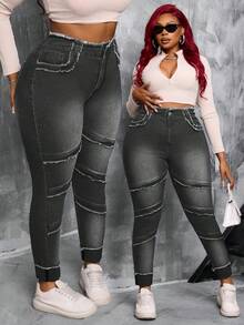 SHEIN SXY Plus Size Women Blue Denim High Waist Distressed Skinny Jeans - Dark Grey - View 8