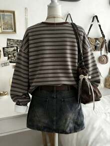 Lalippa 女士休闲条纹圆领落肩套头卫衣，秋季款 - 彩色 - 查看 2