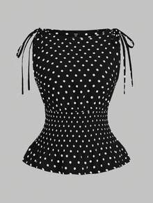 Sweetra 大码波点系带肩部荷叶边下摆无袖吊带衫 - 黑與白 - 查看 2
