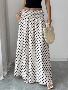 Elenzga 女士夏季新款通勤百搭宽松高腰优雅显瘦波点抽绳杏色半身裙 - 杏色 - 查看 4