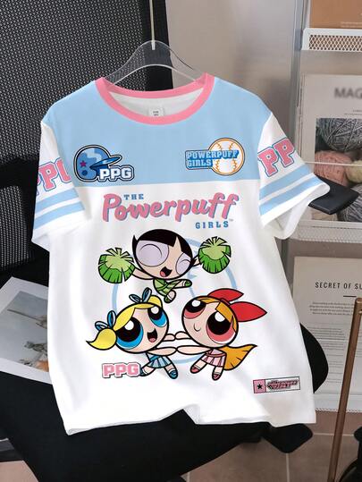 THE POWERPUFF GIRLS X SHEIN Camiseta de manga corta con cuello redondo, estampado de dibujos animados y bloques de color, informal, para niñas preadolescentes, de verano