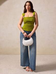 Elegantrix 大码女式优雅简约圆领褶皱金属装饰针织吊带背心，春夏款 - 綠色 - 查看 6