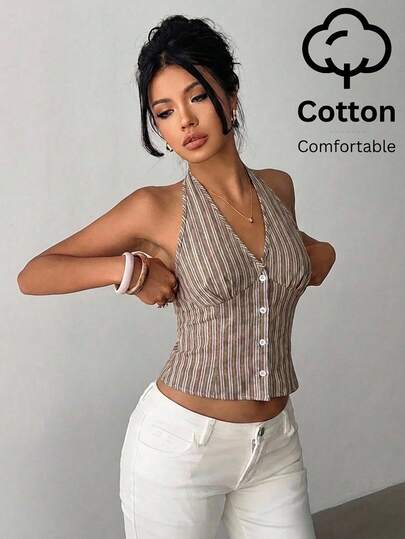 Aloruh Women Cotton Striped Stand Collar Single-Breasted Top Thin Blazer In Fall/Winter