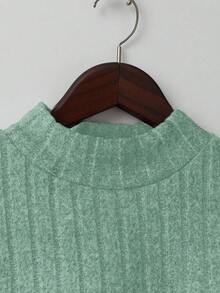 INAWLY Mint Green Plain Rib-Knit Long Sleeve T-Shirt For Women With Stand Collar And Warm Fabric - Mint Green - View 4
