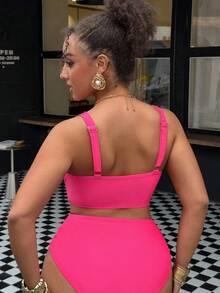 Swim Vcay Plus Size Solid Color Metal Decor Women Swimwear Top - Pink - View 2