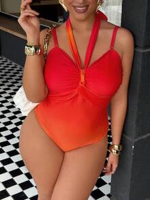 Swim Vcay Plus Size One-Piece Ombre Placement Print Halter Swimsuit, Suitable For Summer Beach Vacation - Multicolor - View 3