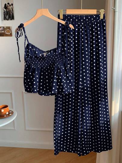Comfortcana Conjunto de 2 piezas de camiseta de tirantes y pantalones con estampado de lunares, estilo casual de primavera para mujer. Conjunto de 2 piezas de lunares lindo para verano. Conjunto de 2 piezas de lunares para Halloween.
