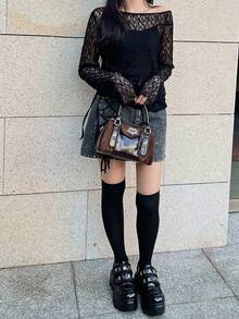 FRIFUL Women's Solid Black Sheer Lace Fabric Layered Slim Fit Versatile Blouse - Black - View 3