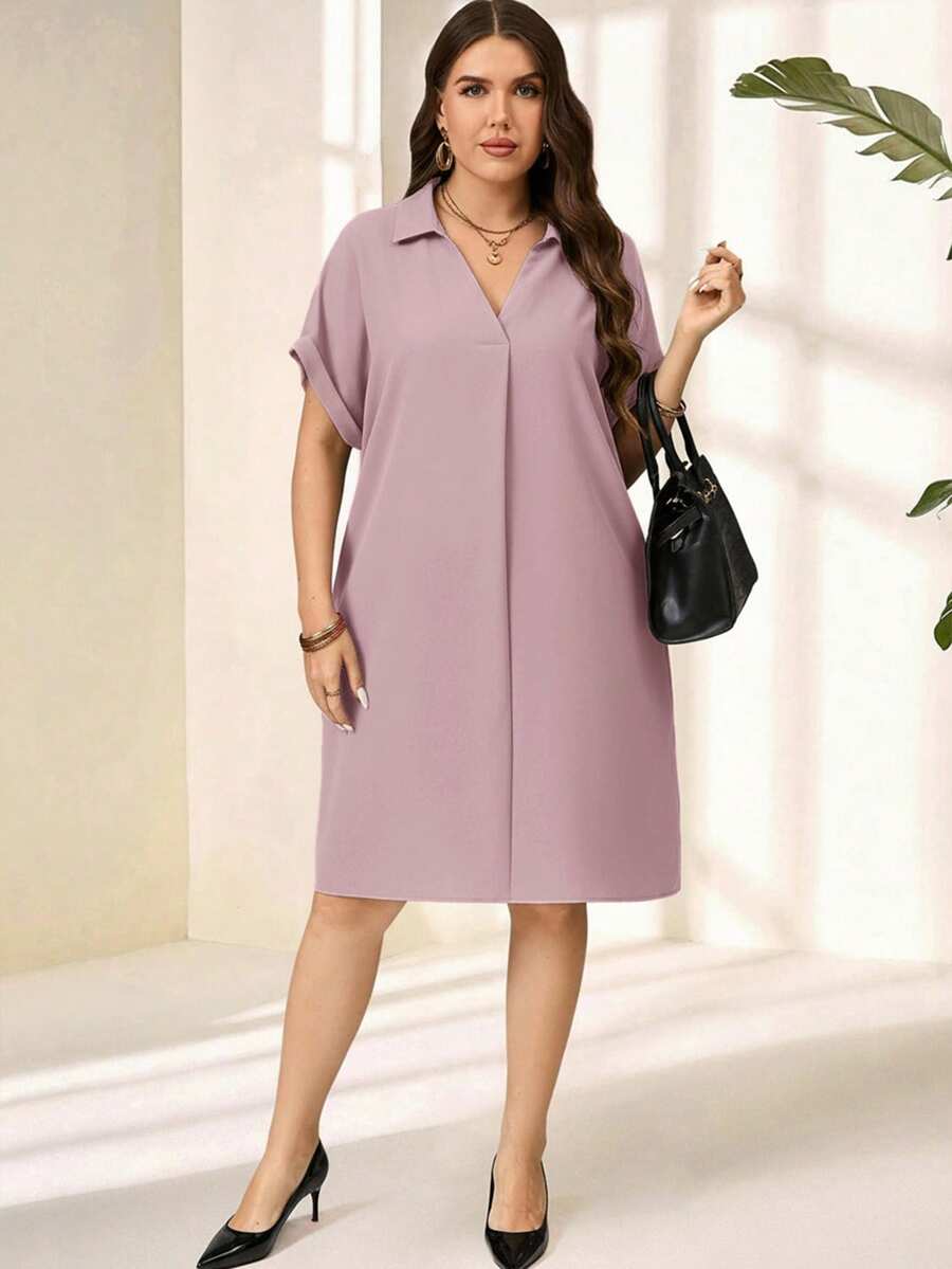 Miaspire 大码纯色翻领短袖休闲迷你连衣裙,简约风格,女士夏季穿搭 - 淡紫色 - 查看 1
