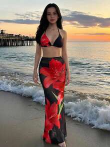 3件套少女黑色纯色比基尼套装，休闲沙滩度假彩色花卉图案泳装，夏季沙滩装 - 黑色 - 查看 1