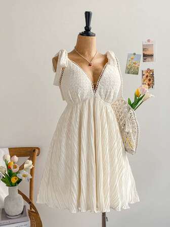 Soleia 大码女式纹理针织拼接褶皱系带迷你连衣裙，适合夏季、春季、情人节穿着