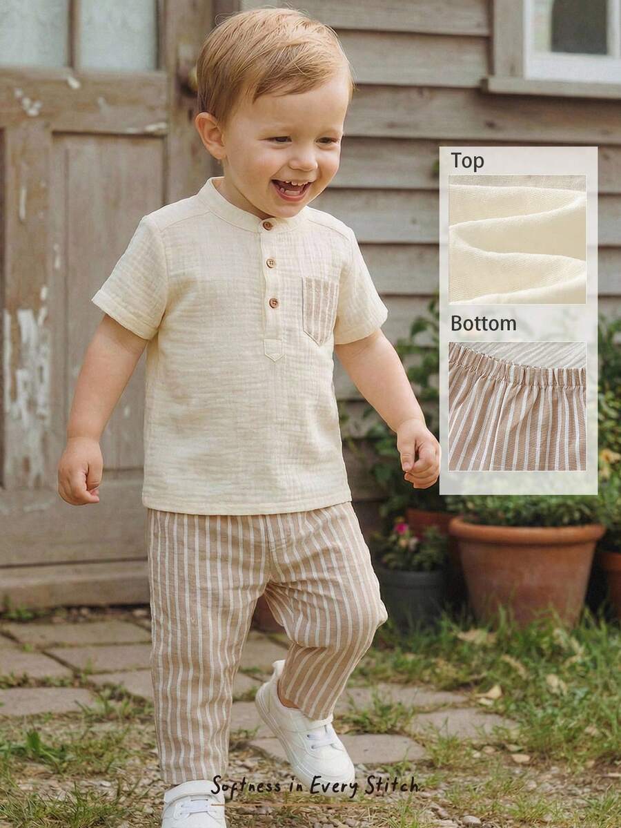 Cozy Pixies 2pcs Baby Boy Contrast Trim Striped Pocket Round Neck Short Sleeve Henley Top And Striped Pants Set