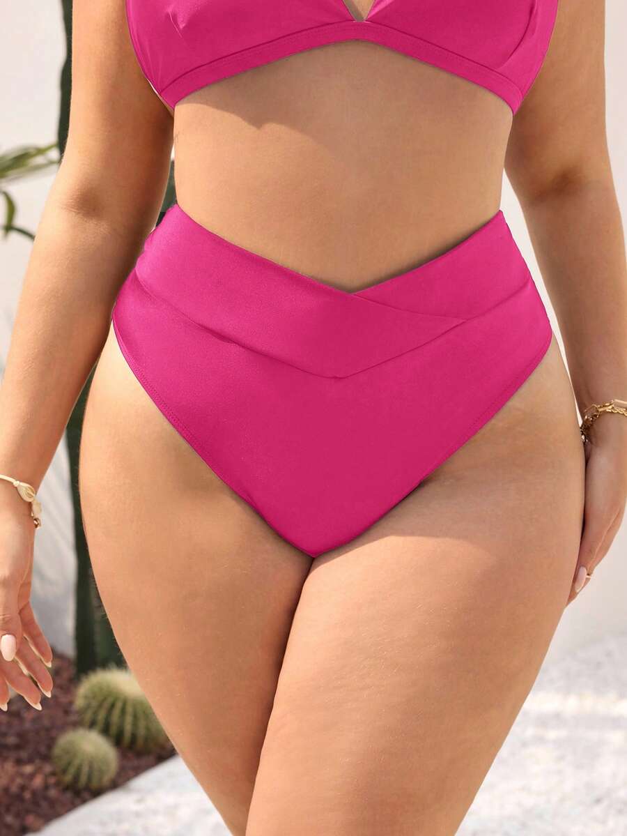 Swim SXY 大码女士纯色重叠腰部比基尼泳裤，休闲沙滩度假风