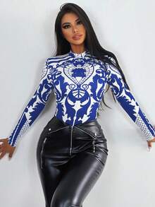 Women's Botanical Printed Stand Collar Bodysuit For New Year Clothes - Blue - View 5