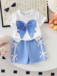 SHEIN Playful Pals Baby Girls' Cute Oversized Bow Print Short Sleeve Round Neck White Top Paired With Blue Shorts,Casual Minimalist Summer T-Shirt Set Vacation Outfits - White - View 7