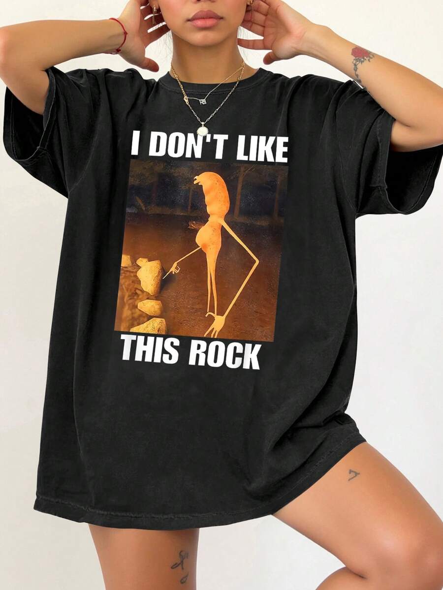 INAWLY Women's Slogan Print Round Neck Short Sleeve Casual Loose Fit T-Shirt - Black - View 1