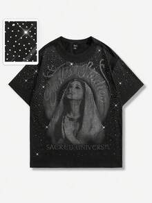 ROMWE MEN Street Life Men's Saint Mother Graphic Rhinestone Embellished Short Sleeve T-Shirt, 2000s Style - Black - View 1