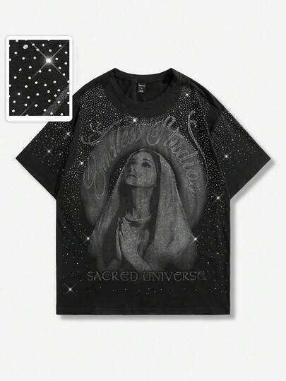 Street Life T-shirt a maniche corte da uomo con grafica di Madre Santa e decorazioni in strass, stile anni 2000