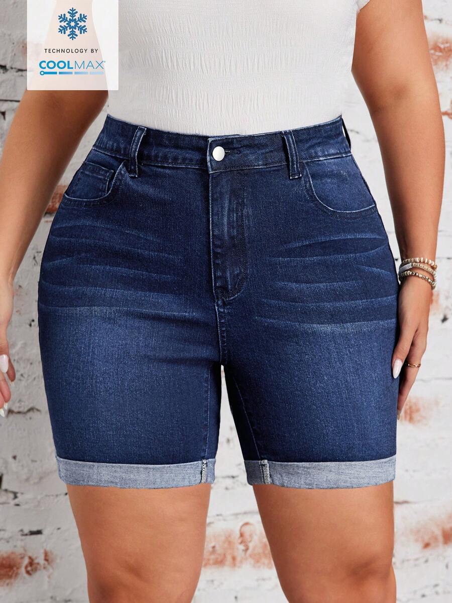 EMERY ROSE 大码纯色斜插口袋修身休闲牛仔短裤 - 深色水洗藍 - 查看 1