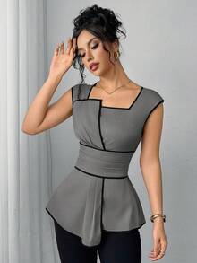 SHEIN Clasi Áo không tay phối viền tương phản dành cho nữ - Màu Xám nhạt - Xem 4