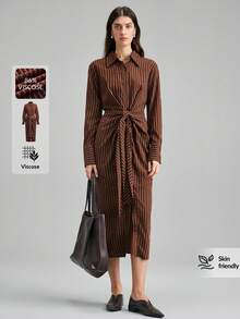Ontre 2026SS New Spring/Summer Women Striped Waist-Cinched Mid-Length Dress, Business Casual Commuter Wear - Dark Brown - View 1