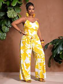 Slaydiva Spring/Summer New Music Festival, Easter, St. Patrick's Day, Western, Nomadic, Birthday Party, Casual, Vacation, Cruise Travel, Airport Floral Print Holiday Camisole Top And Wide Leg Pants Plus Size Women 2-Piece Set - Yellow - Yellow - View 4