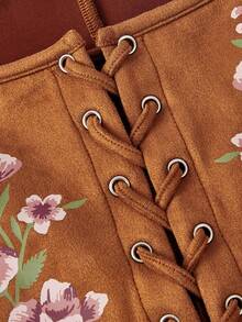 SHEIN MOD Plus Size Brown Floral Print Eyelets Lace-Up Vintage Camisole Corset Outfit Corset Tops For Women Leather Corset Top Brown Leather Top Y2k Summer Clothes Ladies Clothes Yk Outfits,Summer,Festival ,Beach, Wedding ,Vacation - Brown - View 5